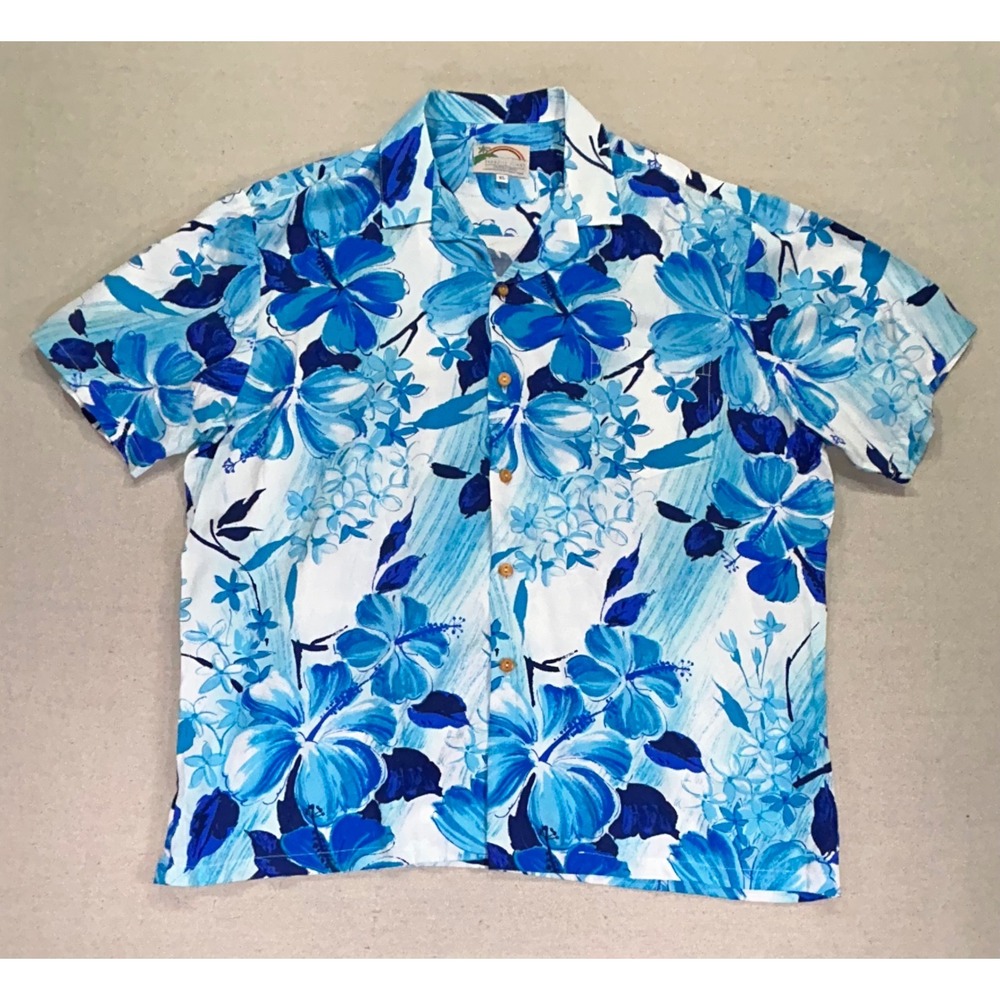Paradise Found Mens Hawaiian Shirt XL Blue White Aloha Floral Rayon Hawaii